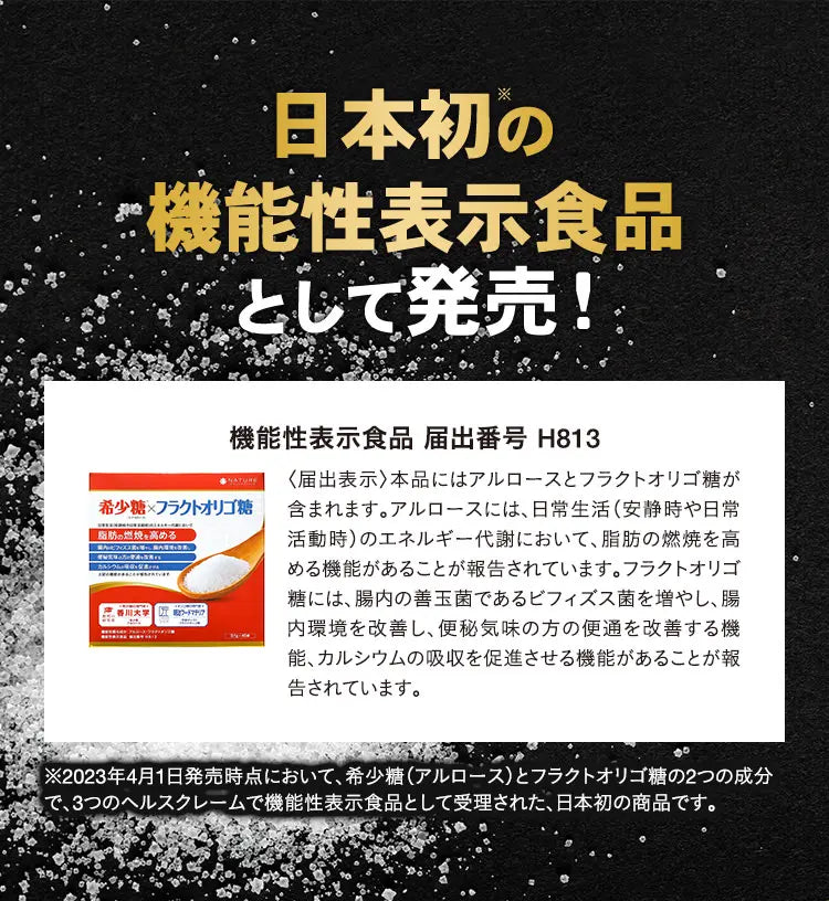 アルロース（希少糖）＆フラクトオリゴ糖の商品説明画像  日本初の機能性表示食品として発売！ 本品にはアルロースとフラクトオリゴ糖が含まれます。 アルロースには、日常生活（安静時や日常活動時）のエネルギー代謝において、脂肪の燃焼を高める機能があることが報告されています。フラクトオリゴ糖には、腸内の善玉菌であるビフィズス菌を増やし、腸内環境を改善し、便秘気味の方の便通を改善する機能、カルシウムの吸収を促進させる機能があることが報告されています。